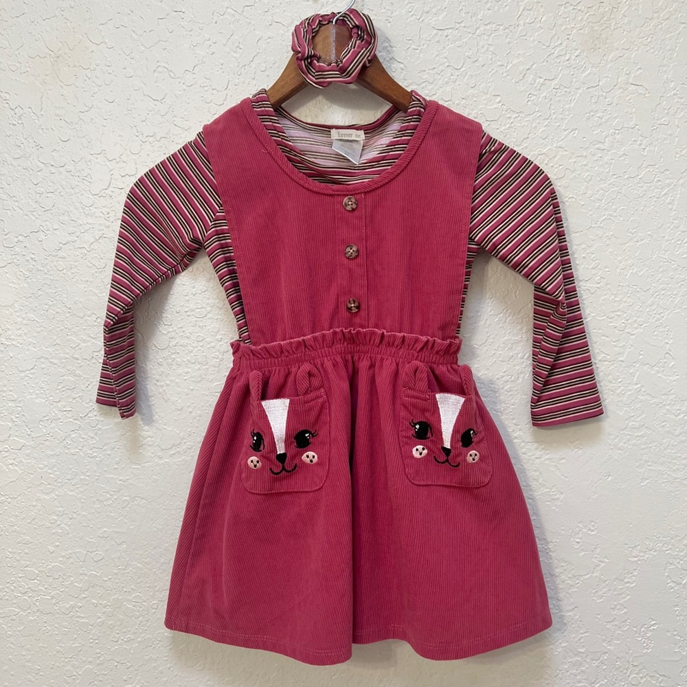 Toddler Girls Pink Corduroy Fox Dress Striped Top Scrunchie Set 4T